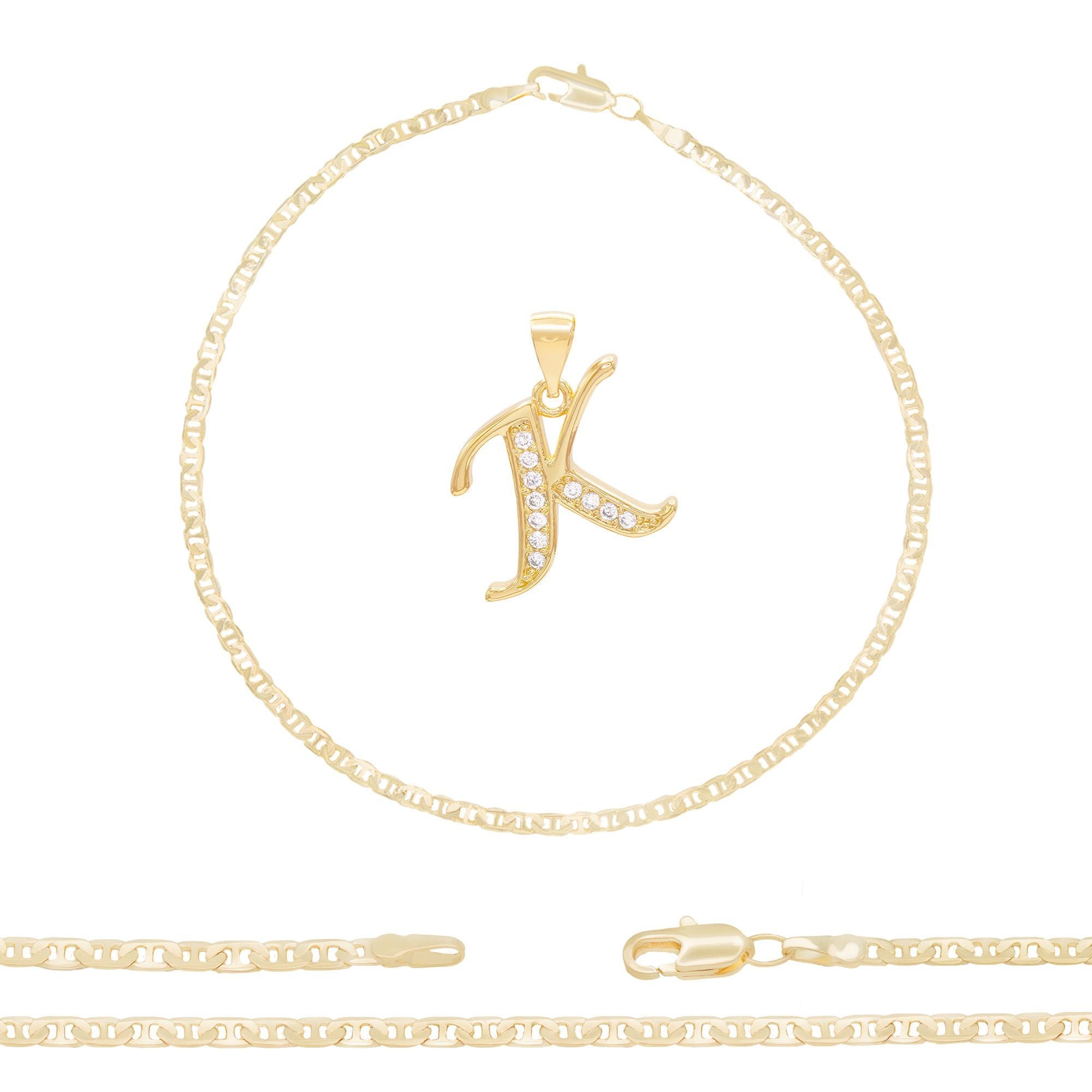 A-Z Initial Letter Pendant 14K Gold Filled Cubic Zirconia Mariner Chain Anklet 10" Set 3 mm  Women Jewelry