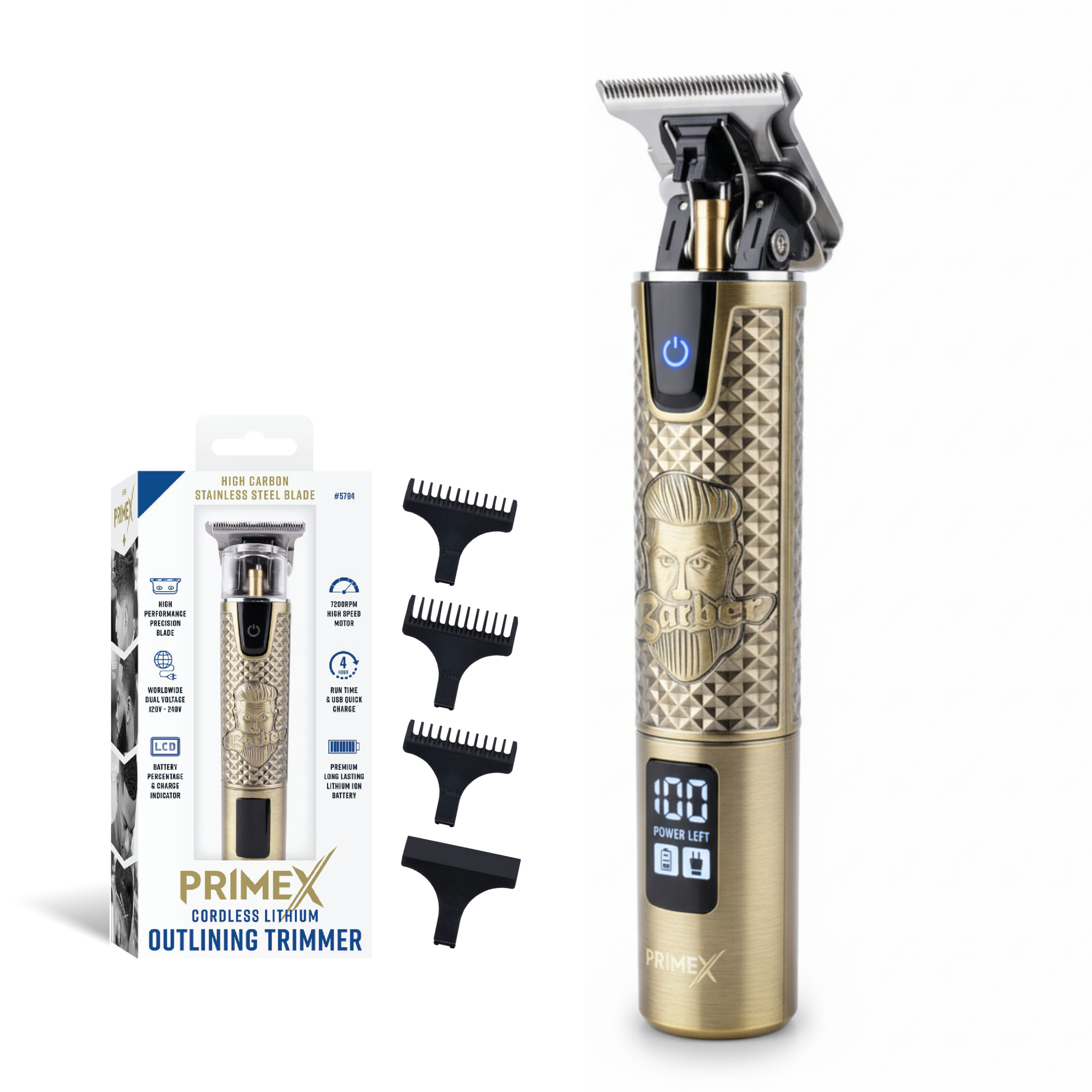 PrimeX Cordless Lithium Outlining Barber Trimmer Brass