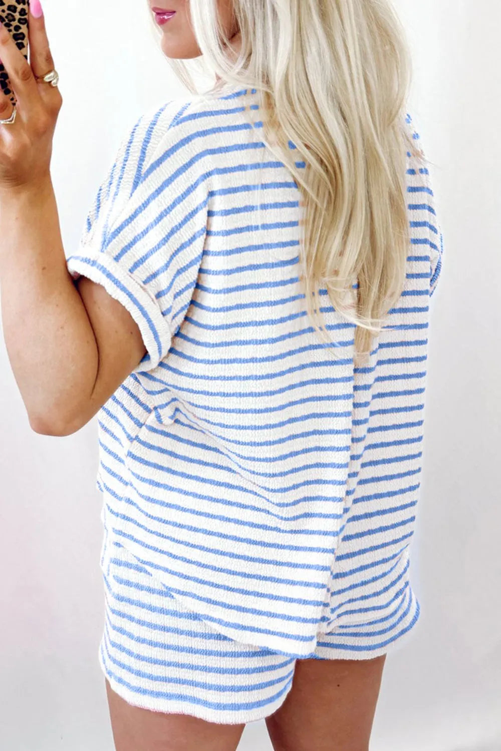 Stripe Knitted Short Sleeve Top and Drawstring Shorts Set