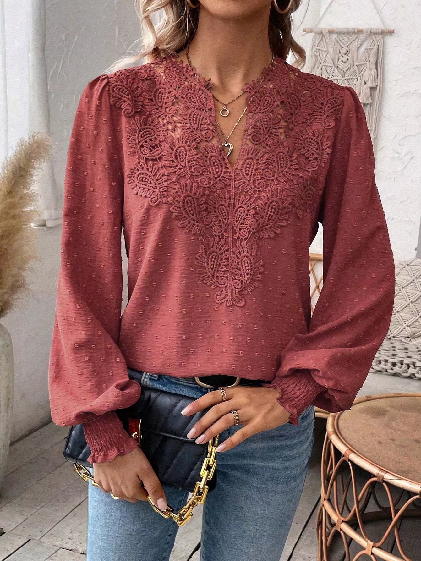Swiss Dot Lace Detail Long Sleeve Blouse