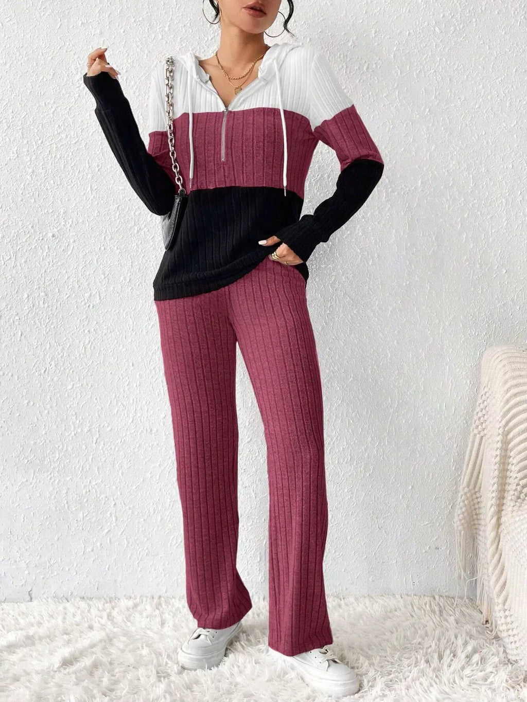 Color Block Half Zip Hooded Top and Pants Set