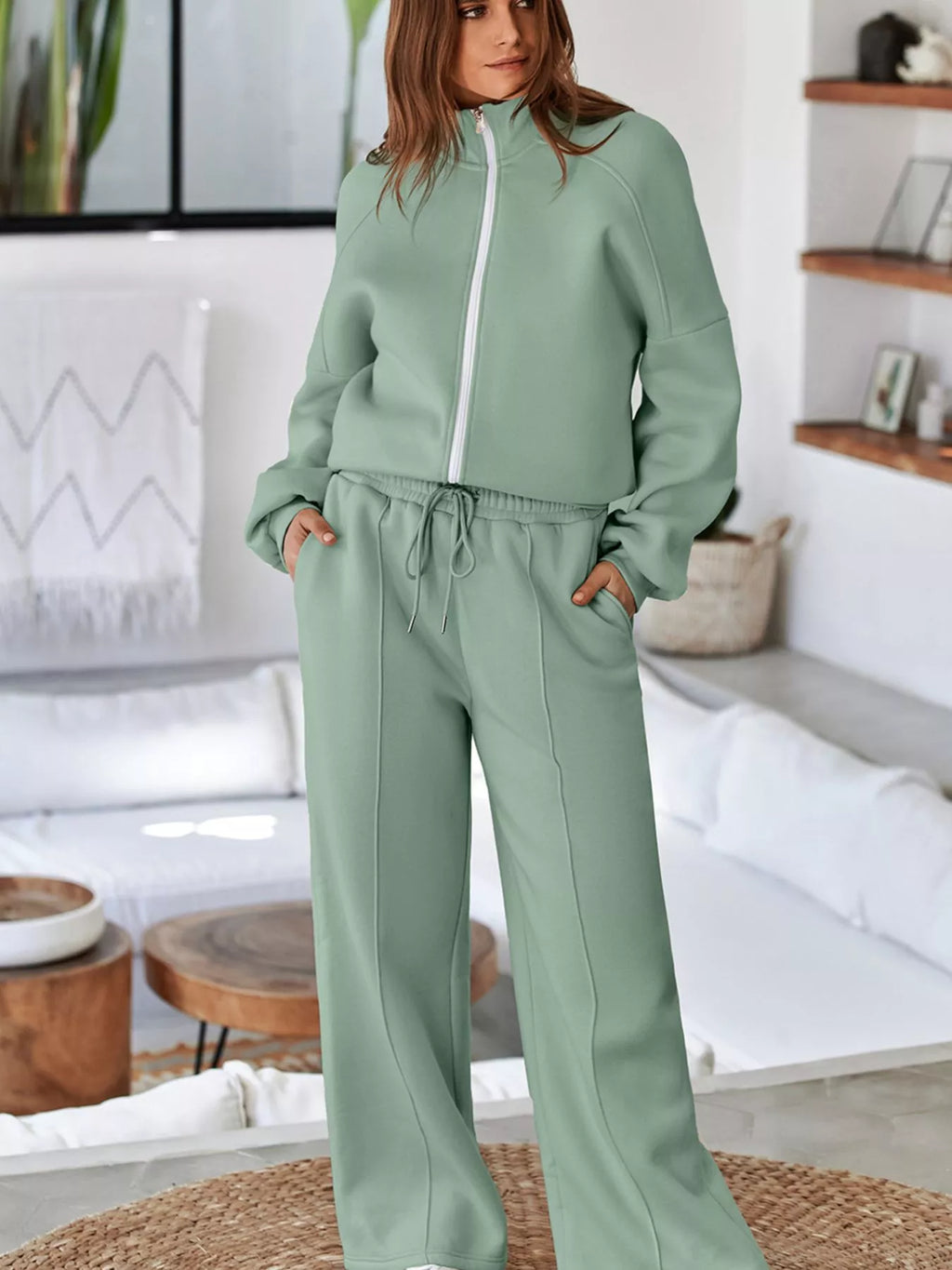 Drop Shoulder Zip Up Jacket and Drawstring Pants Active 2pcs Set
