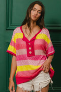 BiBi Multi Color Stripe Hacci Button Detail Ringer Top