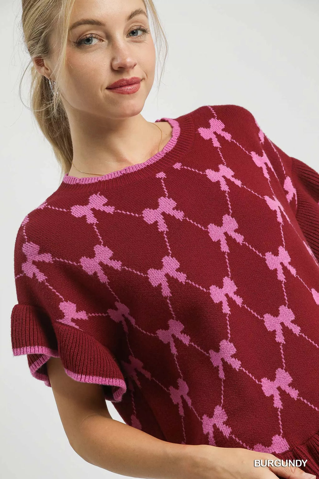 Umgee Bow Knit Ruffle Sleeve Sweater