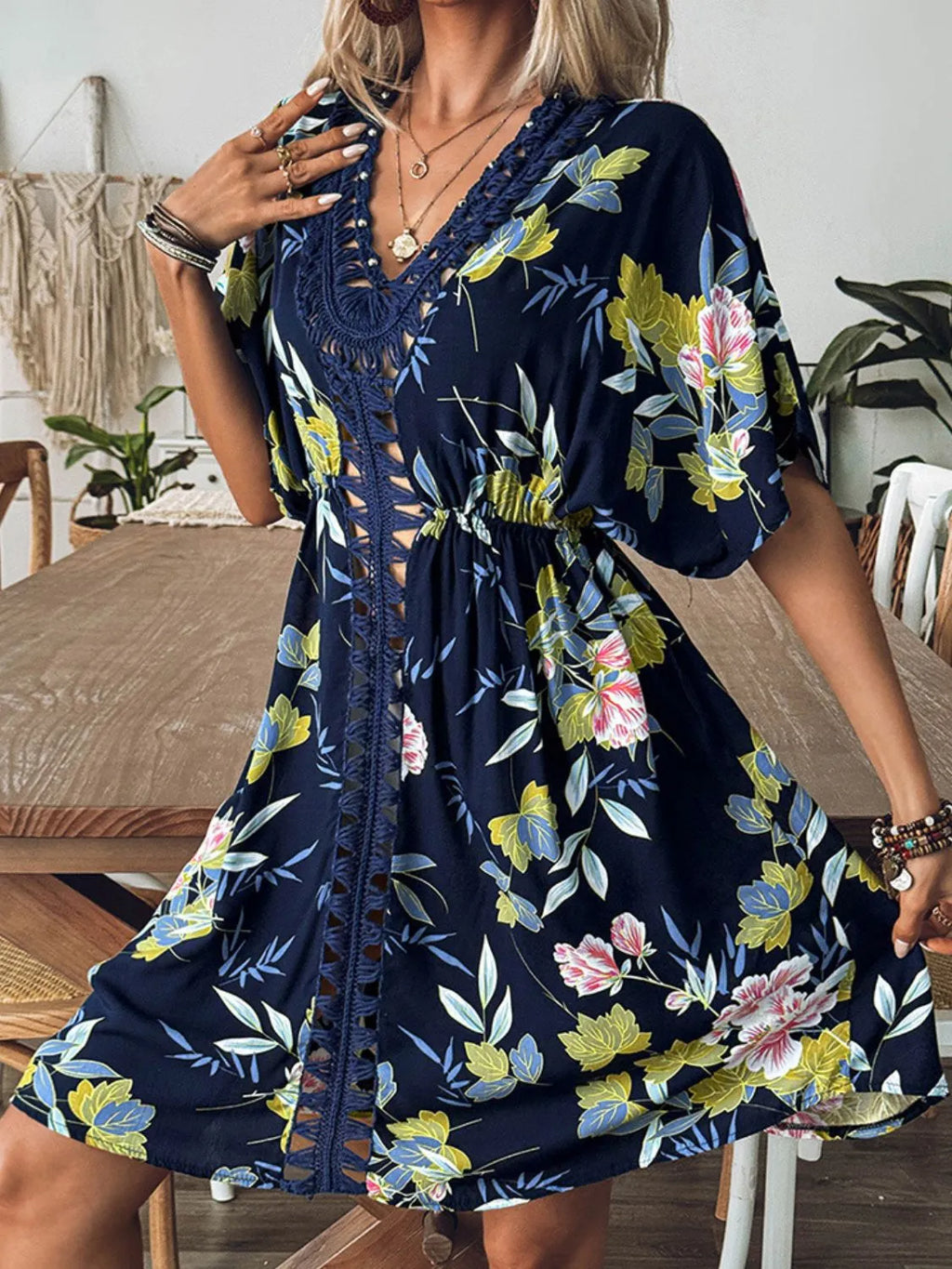 Crochet Front V-Neck Printed Cover-Up