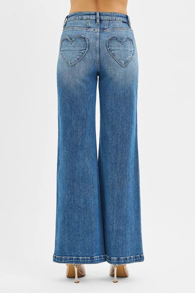 RISEN High Rise Wide Leg Jenas with Front Yoke and Heart Back Pocket