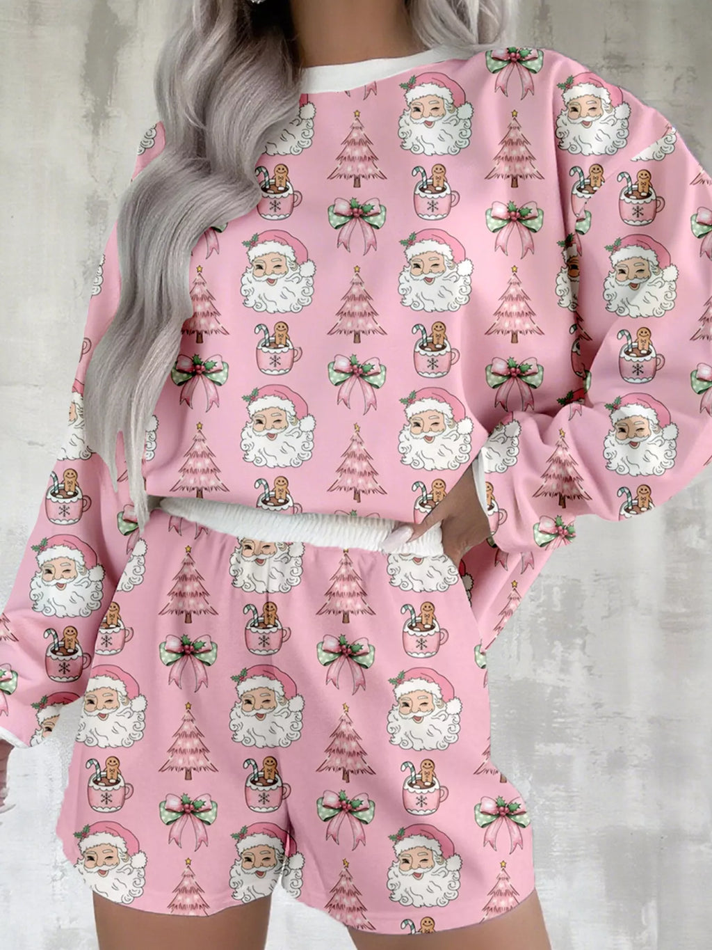Christmas Santa Print Round Neck Top and Shorts Lounge Set