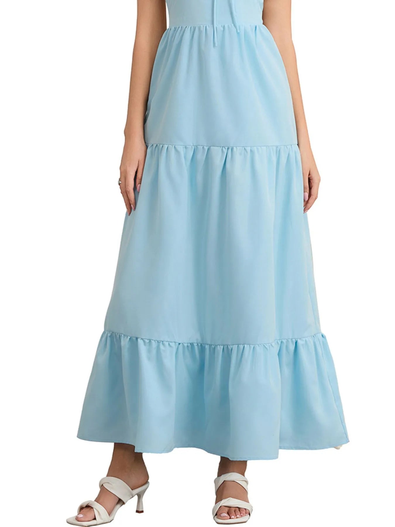 Tiered Lace Up Spaghetti Straps Maxi Dress