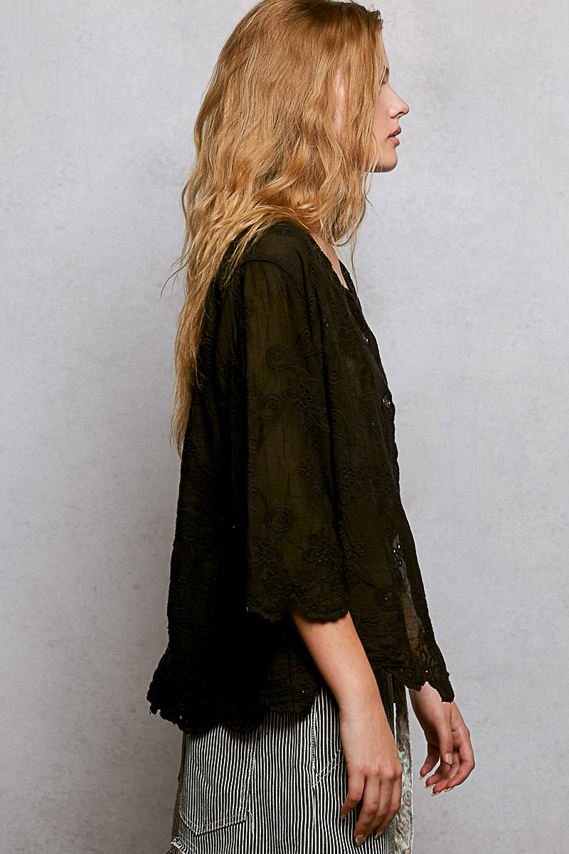 POL Floral Eyelet V-Neck Salloped Shirt