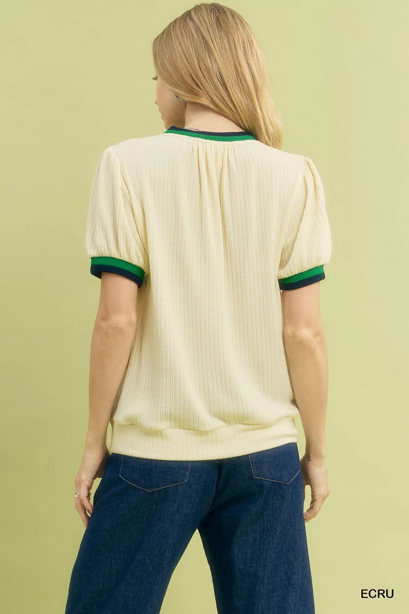 Umgee Puff Sleeve Knit Top with Contrast Rib Trim