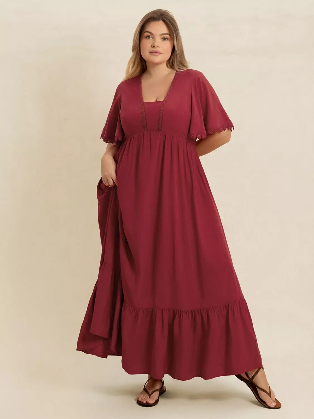 Plus Size Lace Detail Flutter Sleeve Maxi Dress
