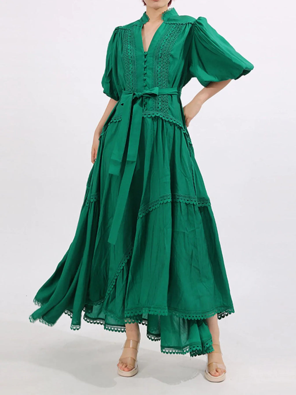 Lace Detail Notched Puff Sleeve Maxi Dress