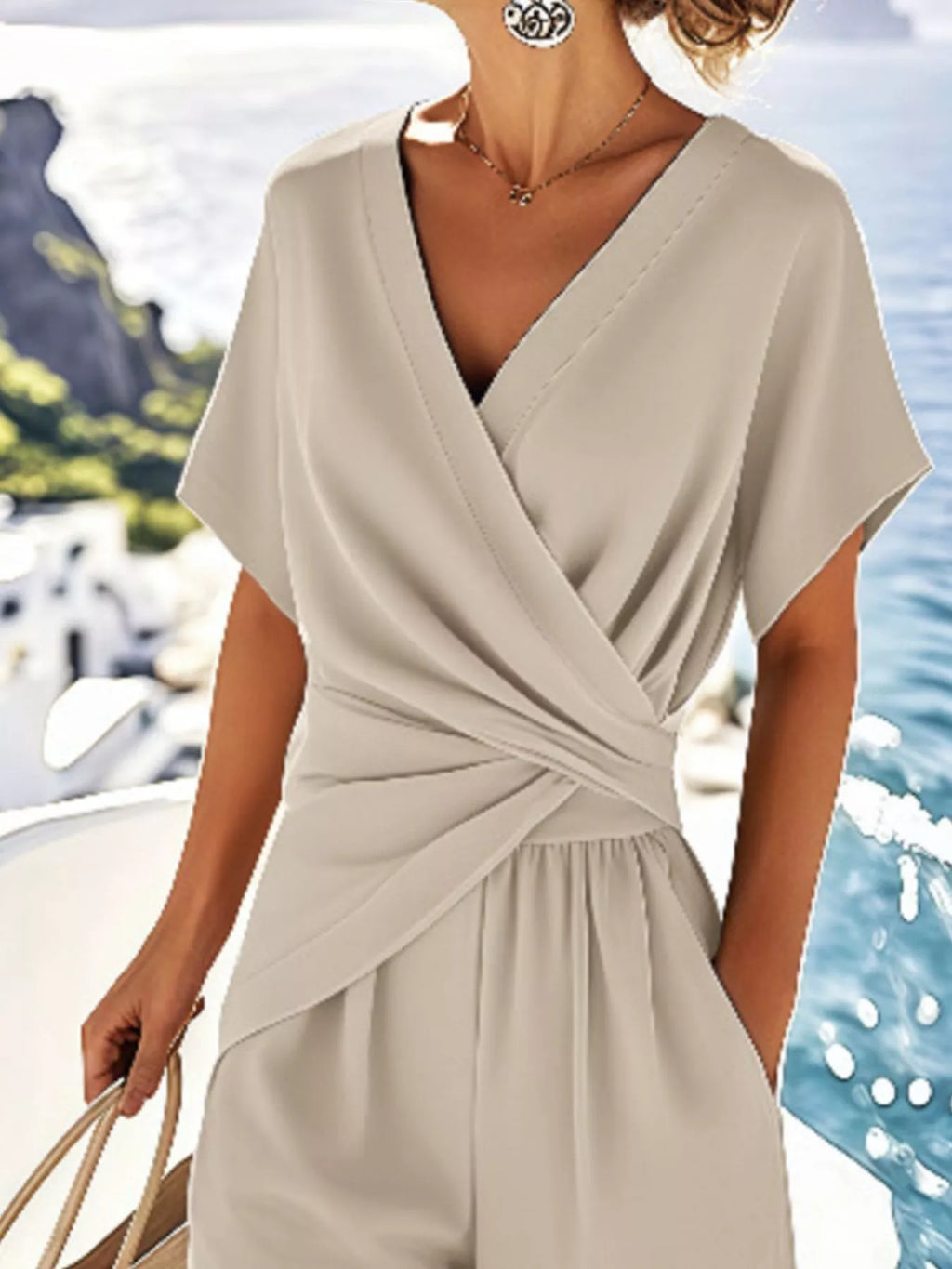 Full Size Surplice Short Sleeve Top and Pants Set Plus Size