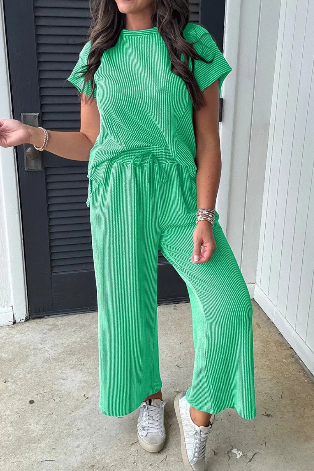 Ribbed Knit Round Neck Top and Pants Casual Set