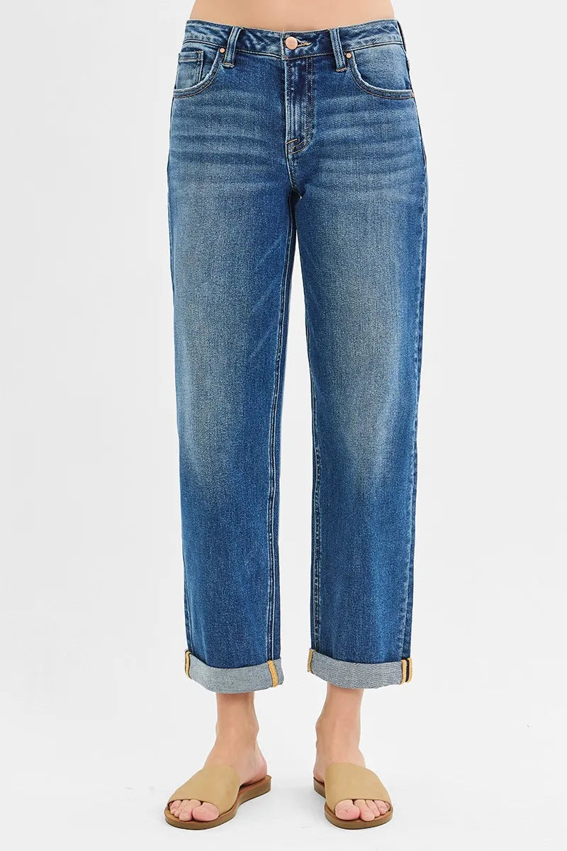 RISEN Full Size Mid Rise Boyfriend Roll Up Jeans Plus Size