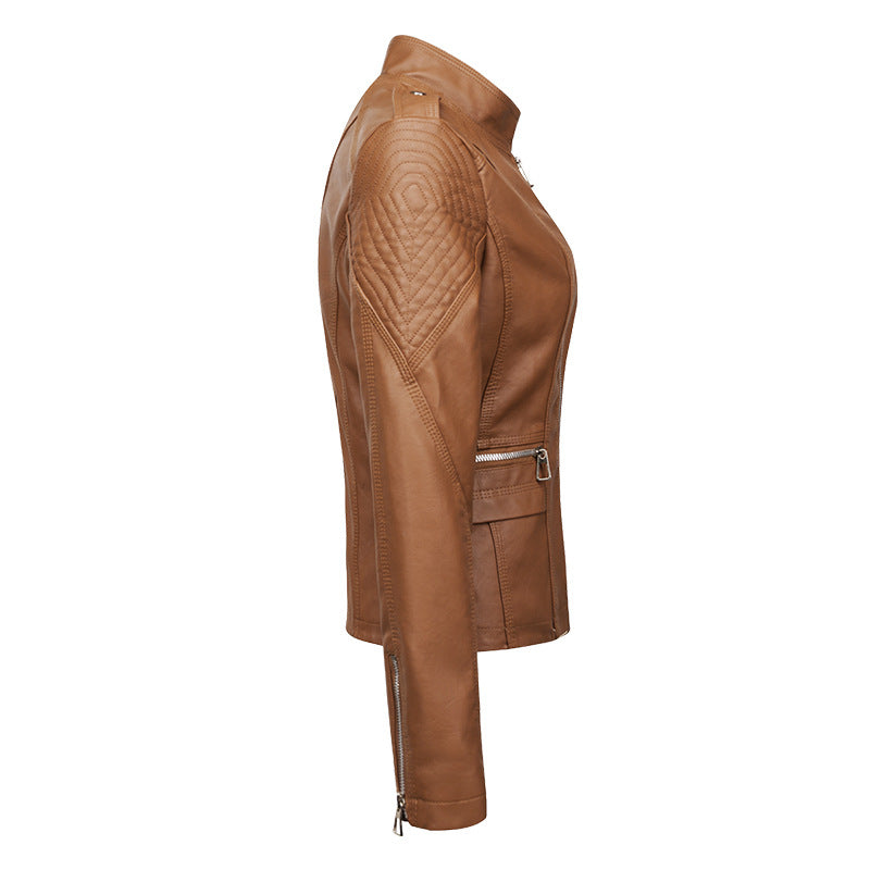 Women's Leather Jacket Women's Slim-fit Leather Jacket Women's Motorcycle Clothing PU Leather Women's Jacket Short Women's Leather Jacket Three-line Craft