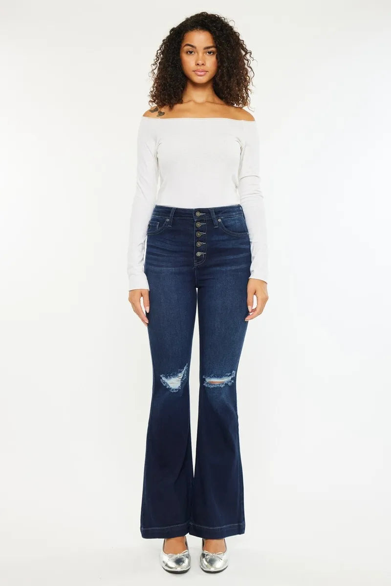 Kancan Button Fly High Rise Distressed Flare Jeans