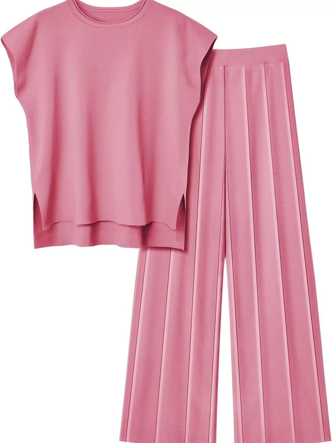 Casual Solid Color Cap Sleeve Top and Pants Knit Set