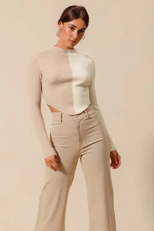 SO ME Color Block Fitted Crop Sweater Top