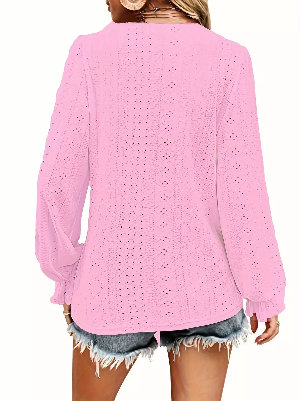 Plus Size Eyelet V-Neck Flounce Sleeve Blouse