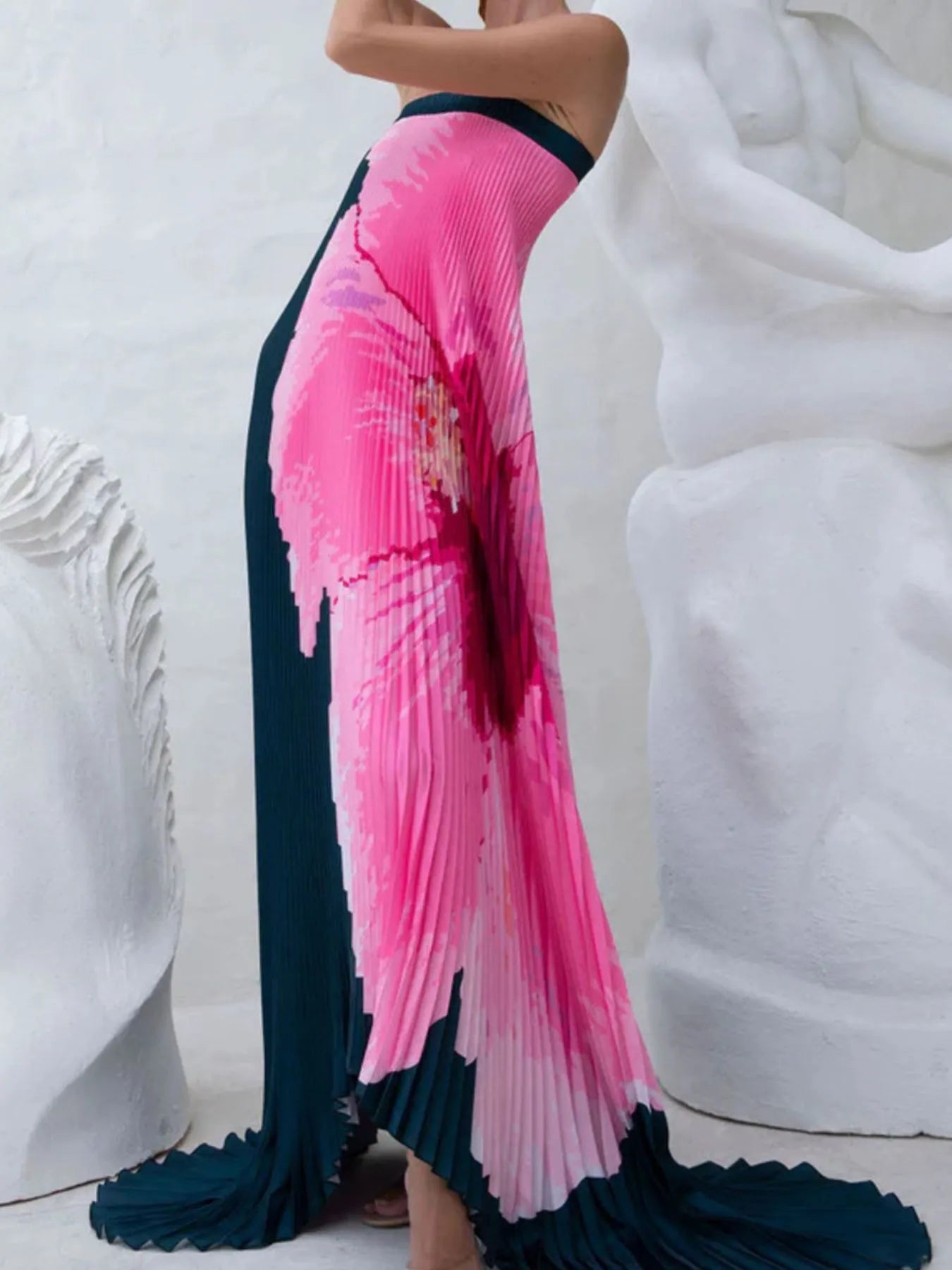 Pleated Printed Tube Floor Length Dress