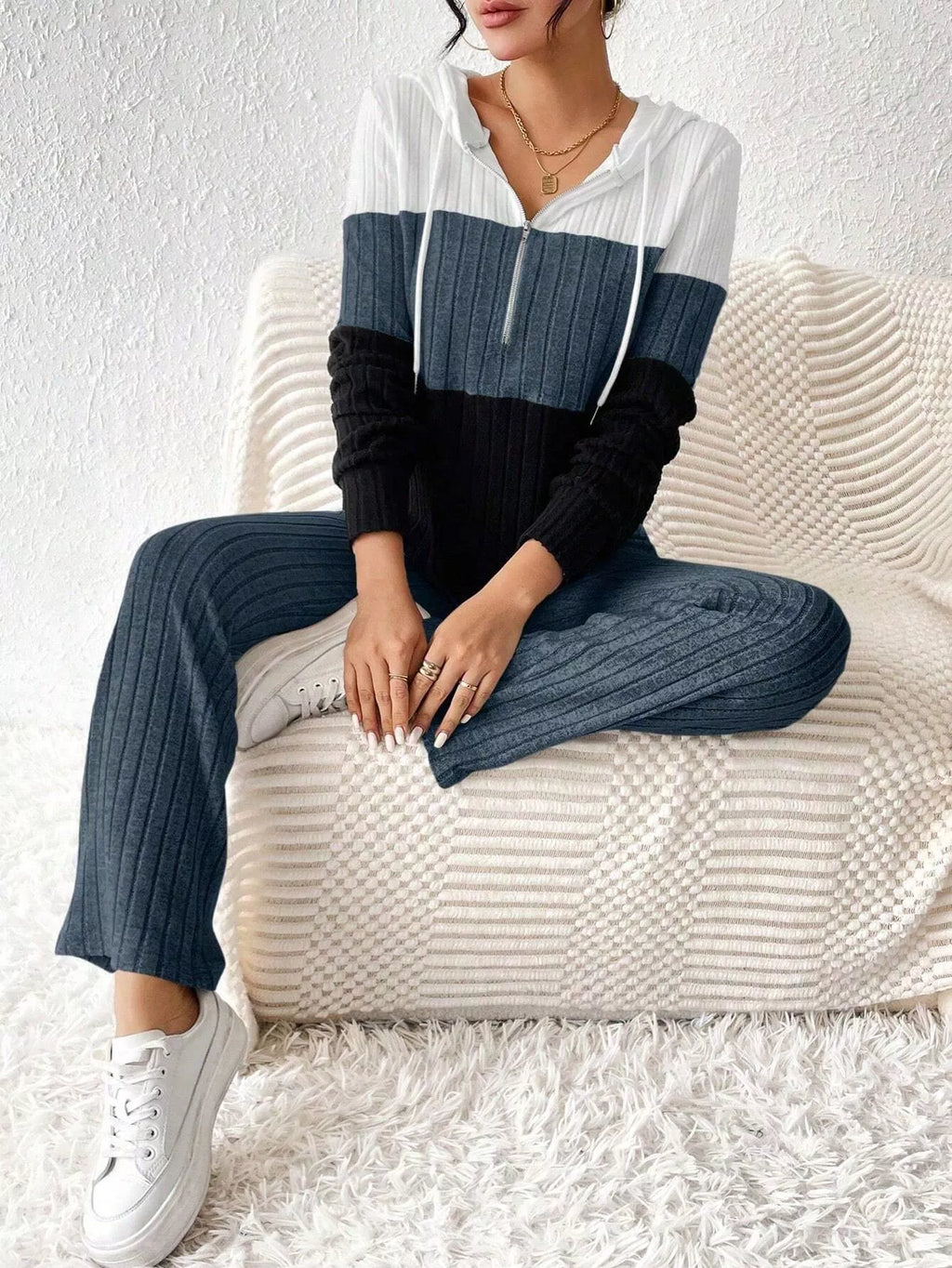 Color Block Half Zip Hooded Top and Pants Set