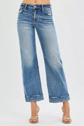 RISEN Full Size Mid Rise Crop Straight Jeans with Taylor Cuffed Plus Size