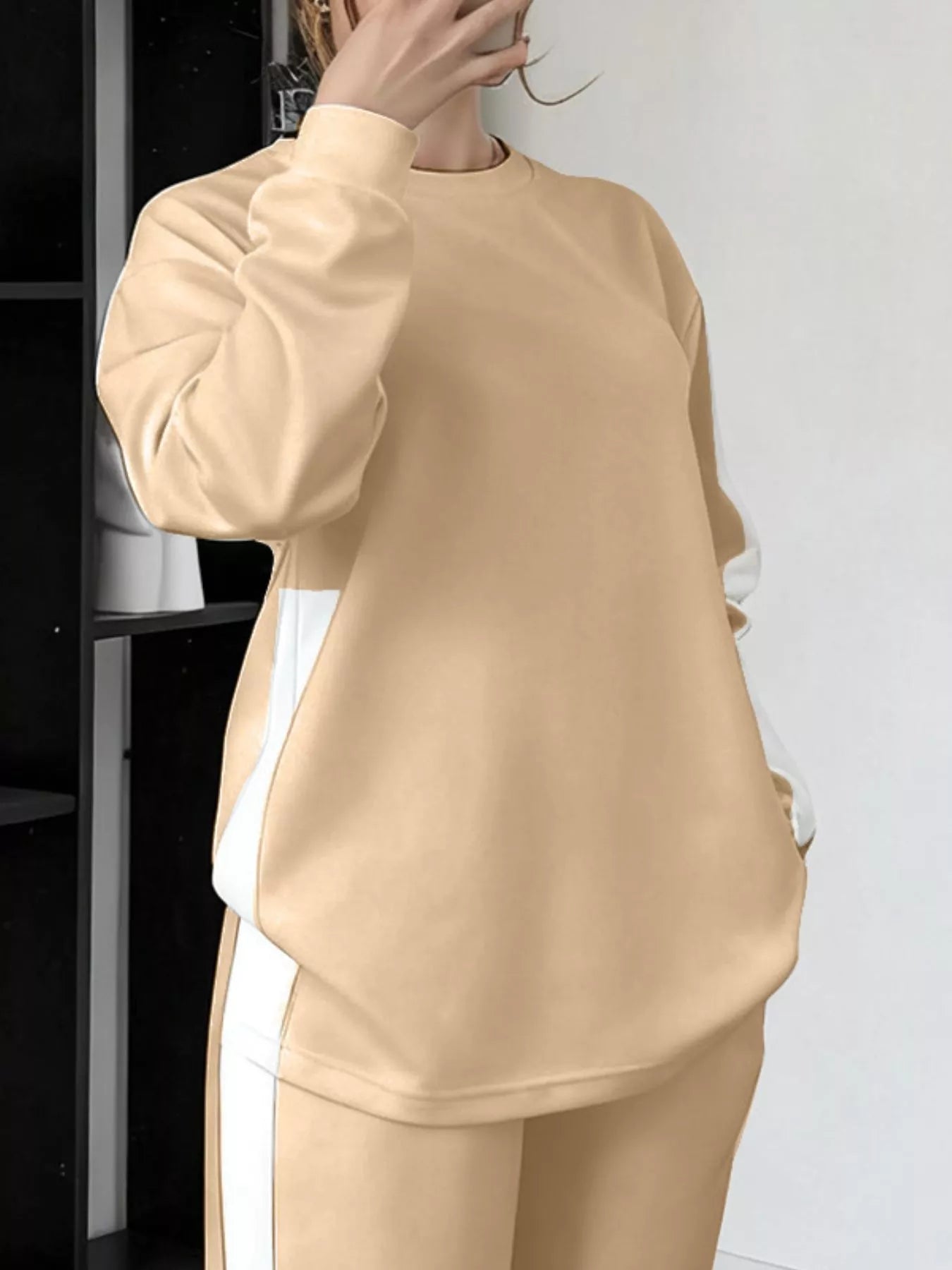 Full Size Contrast Round Neck Top and Pants Set Plus Size
