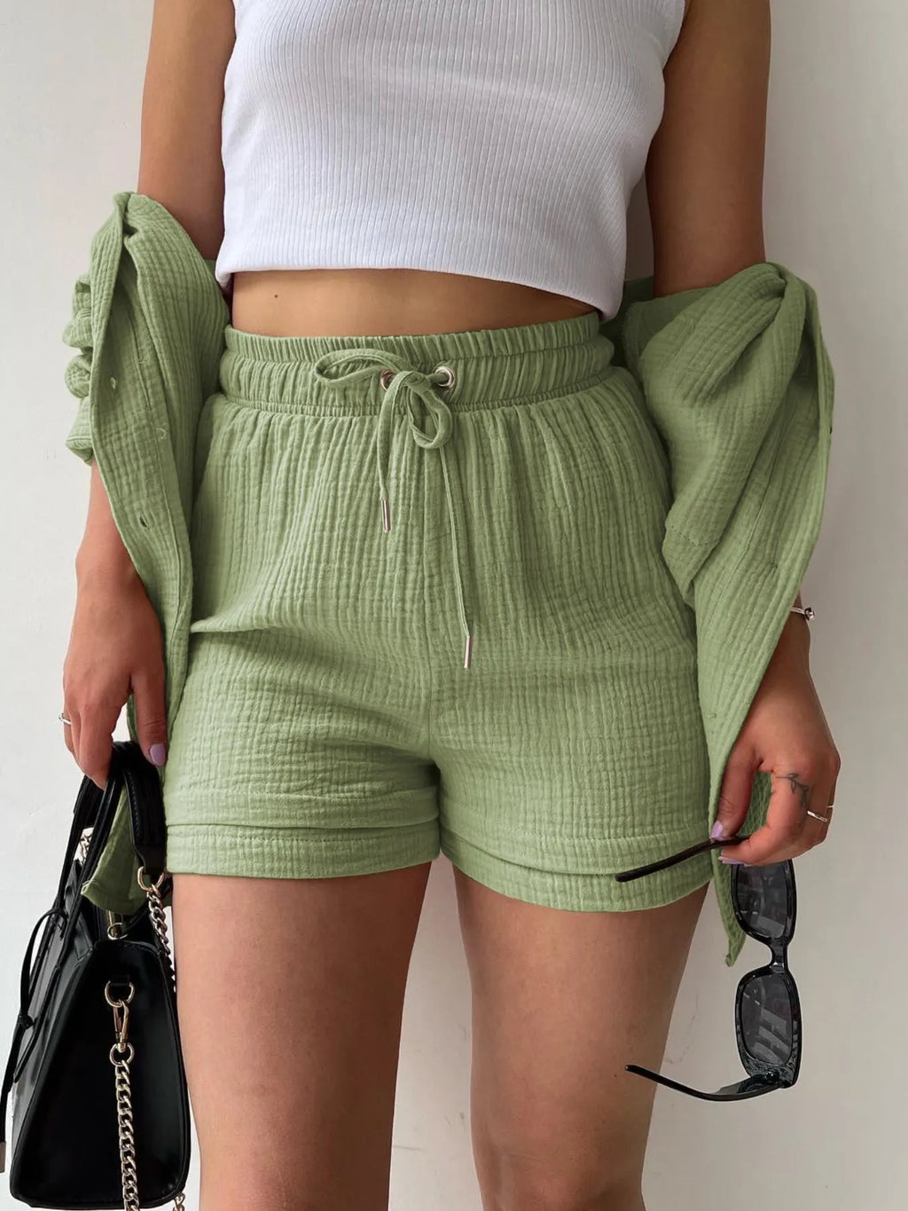Textured Button Up Shirt and Shorts Set