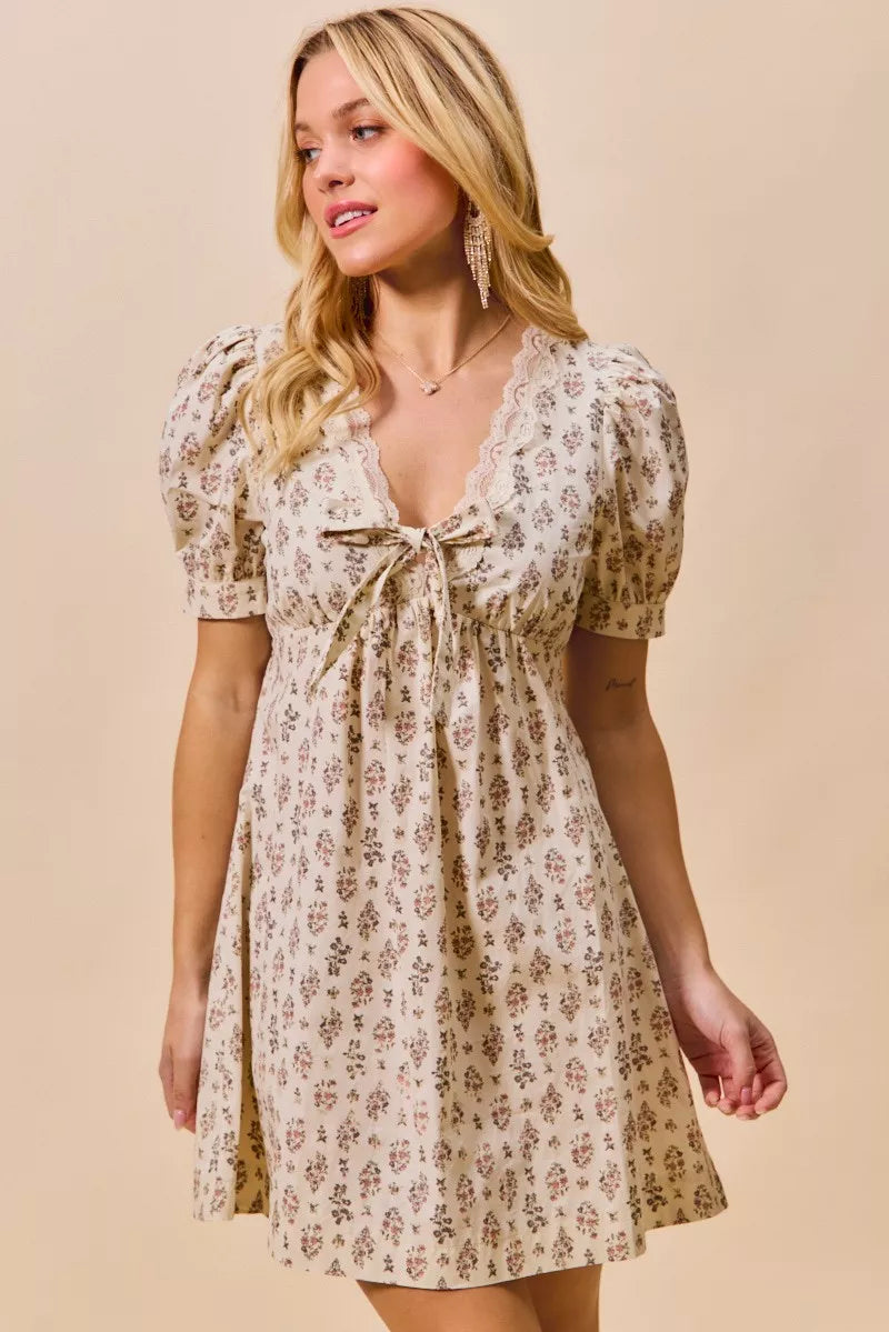 SO ME Floral Print Lace Trim Short Sleeves Mini Dress