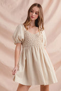 SO ME Textured Woven Daily Dress with Puff Sleeves