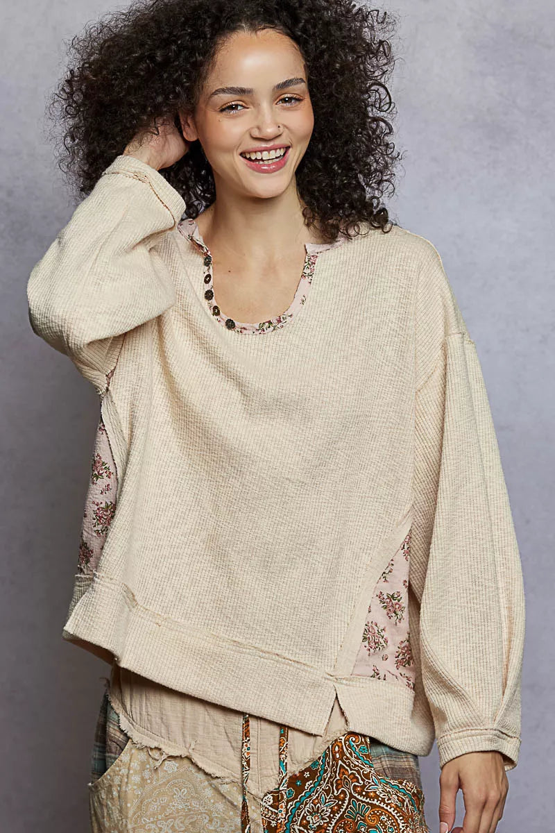 POL Balloon Sleeve Oversized Ribbed Top with Floral Pattern Contrast