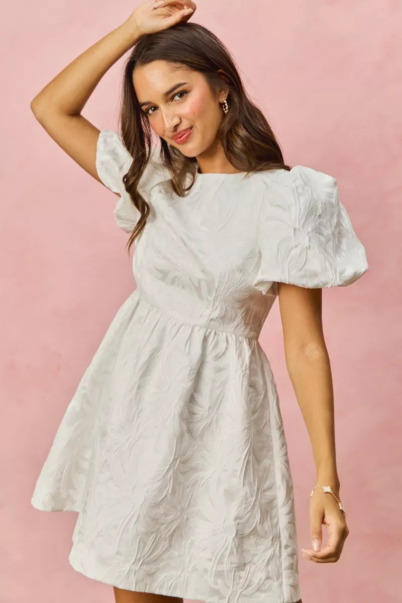 SO ME Floral Jacquard Bubble Shorts Sleeves Mini Dress