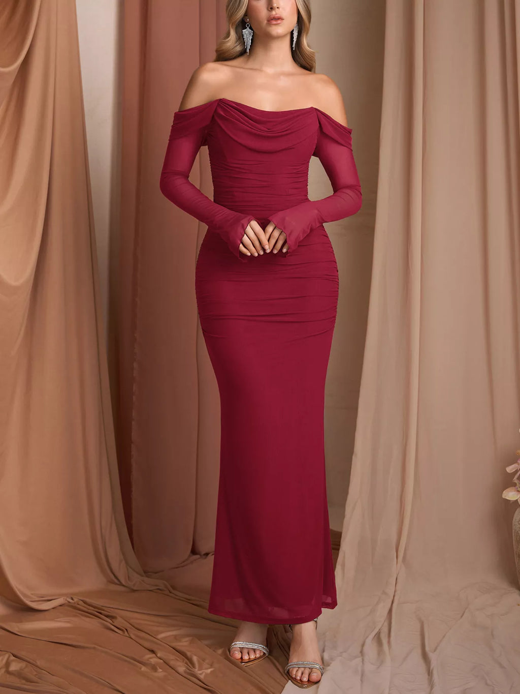 Off-Shoulder Ruched Mermaid Maxi Dress