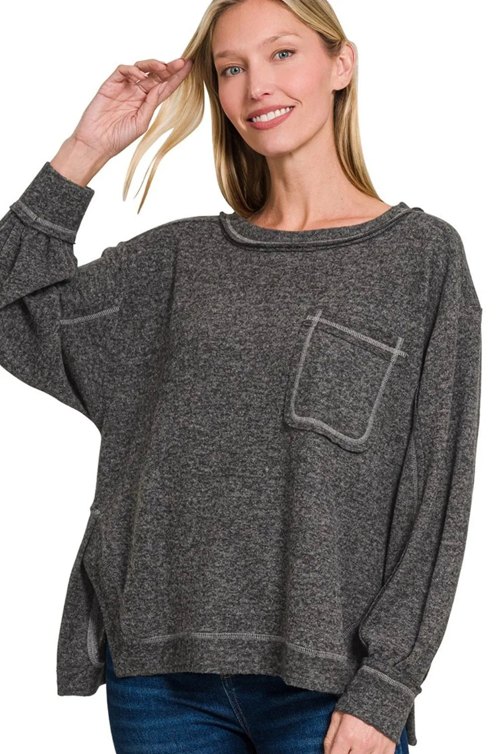 Zenana Brushed Hacci Hi-low Round Neck Knit Top