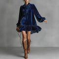Women’s Bow-Tie Puff Sleeve Dress – Elegant Asymmetric Ruffle Hem Short Dress