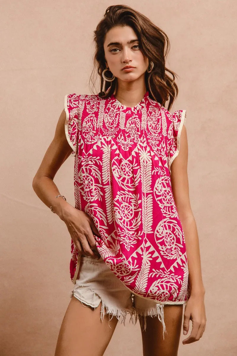 BiBi Printed Ruffle Sleeve Top