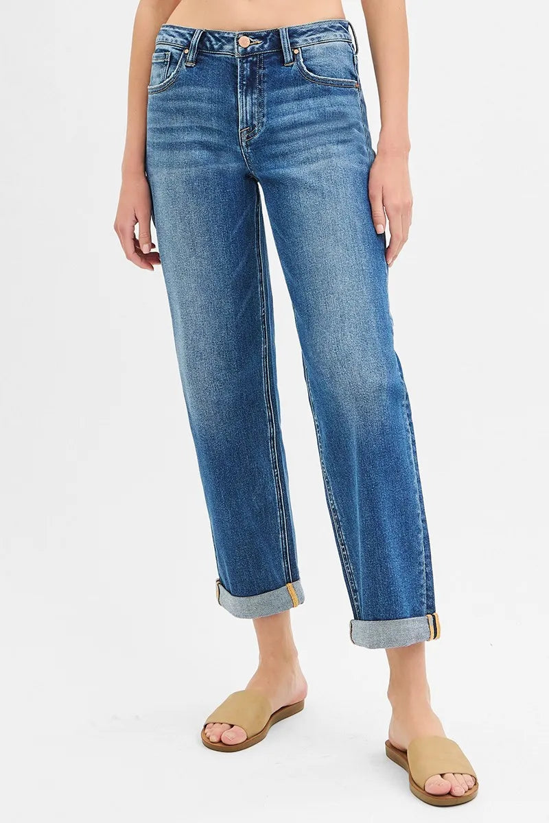 RISEN Full Size Mid Rise Boyfriend Roll Up Jeans Plus Size