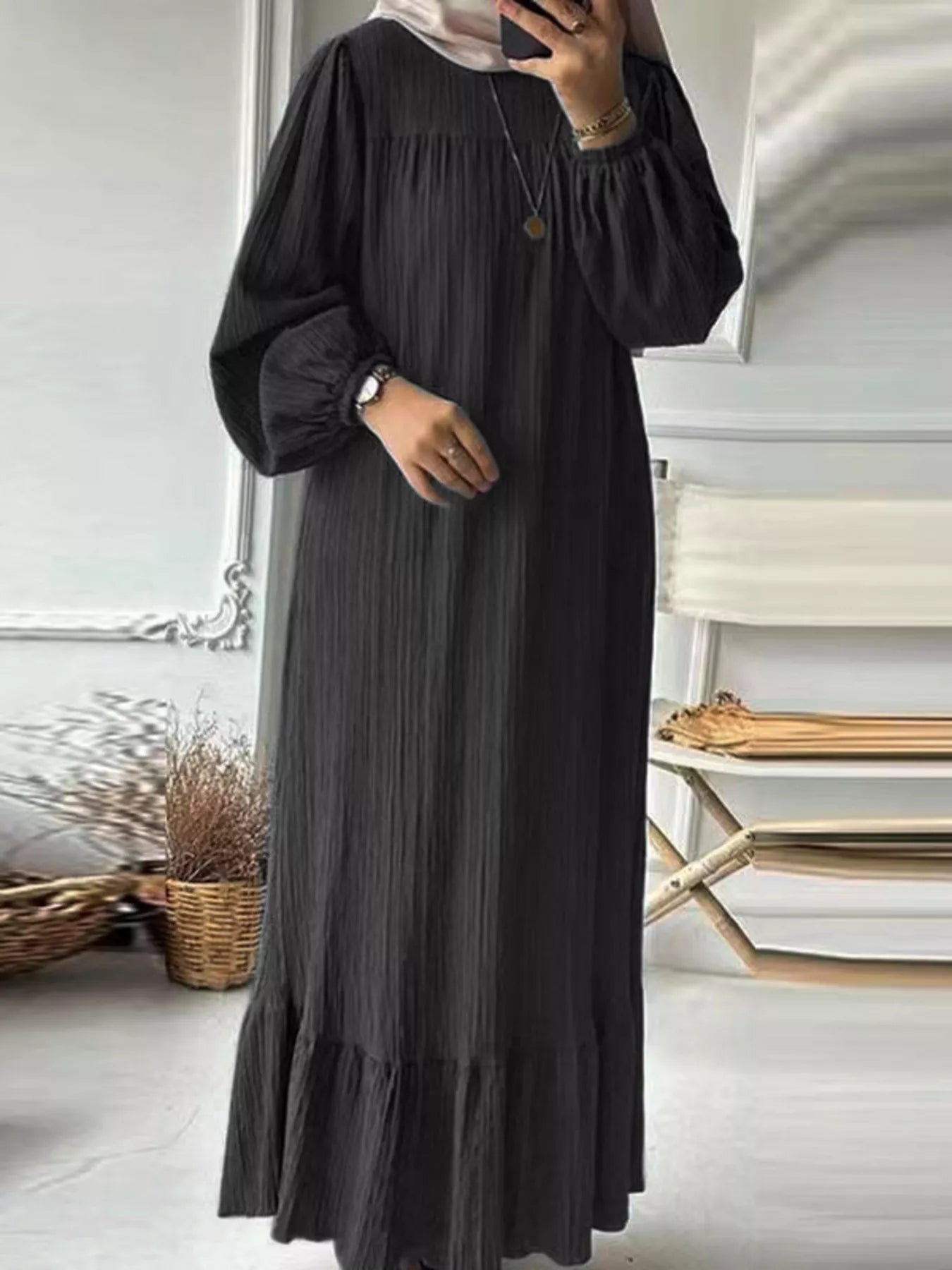 Full Size Textured Balloon Sleeve Maxi Dress Plus Size