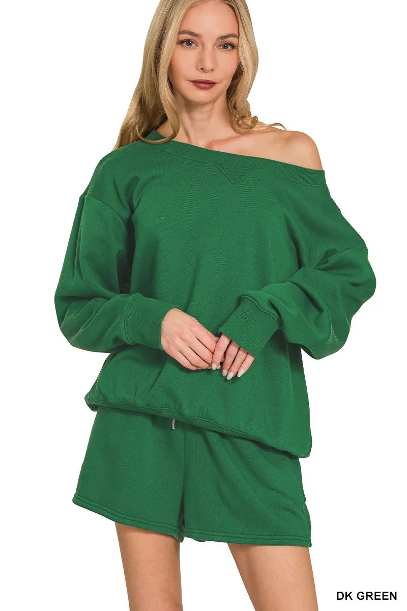 Zenana Fleece Boat Neck Sweatshirt and Shorts Set