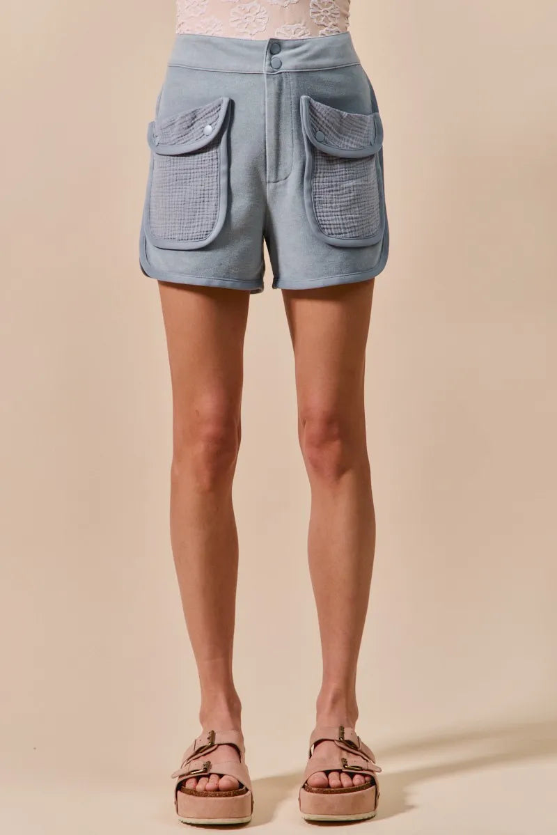 SO ME Mineral Washed Terry High Rise Cargo Shorts