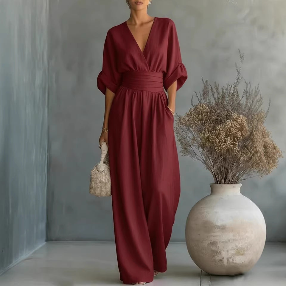 Summer Short-sleeved Jumpsuit Fashion Casual V-Neck Wide-Leg Pants Womens Clothing