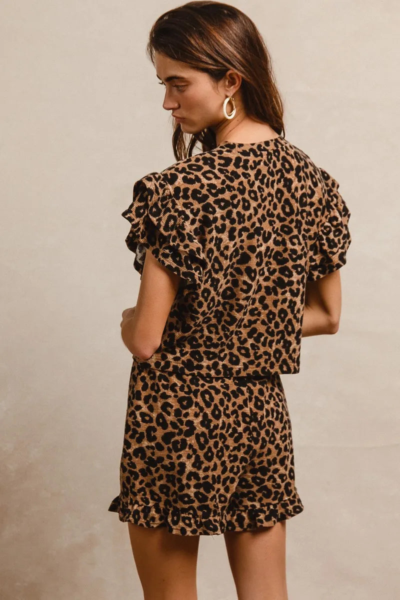 BiBi Leopard Print Waffle Texture Layered Ruffle Sleeve Top and Shorts Set