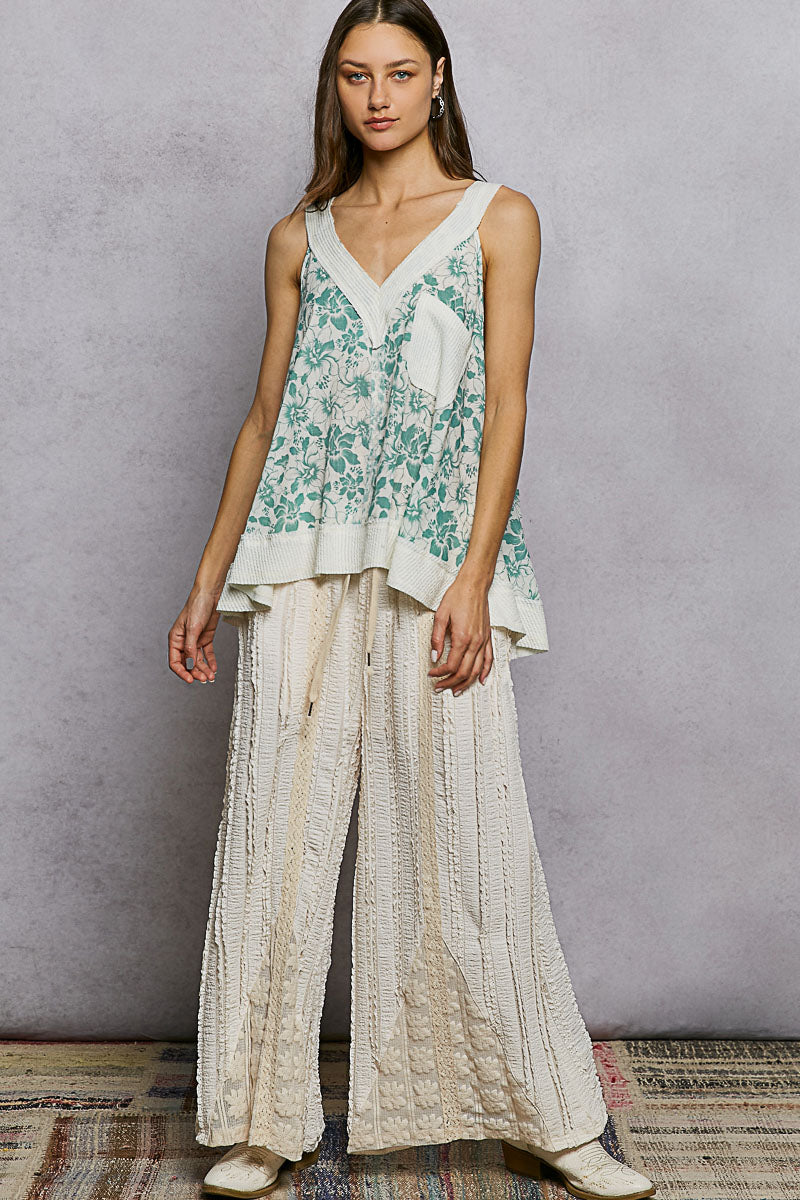POL Floral V-Neck Tank with Front Pocket