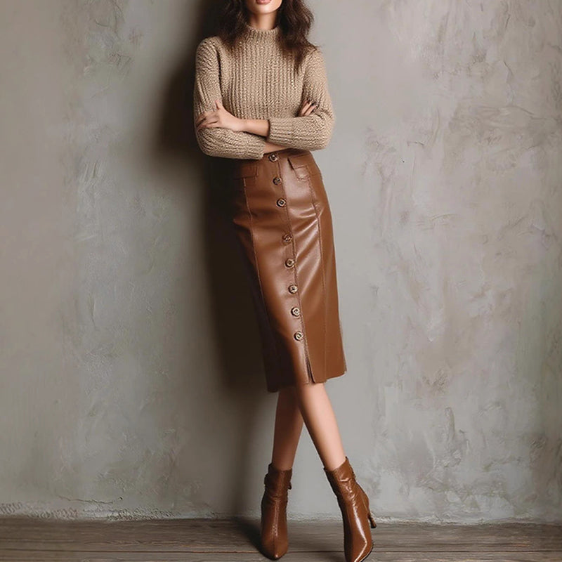 Women’s Faux Leather High-Waisted Bodycon Midi Skirt