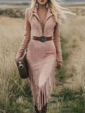 Fringe Zip Front Long Sleeve Dress