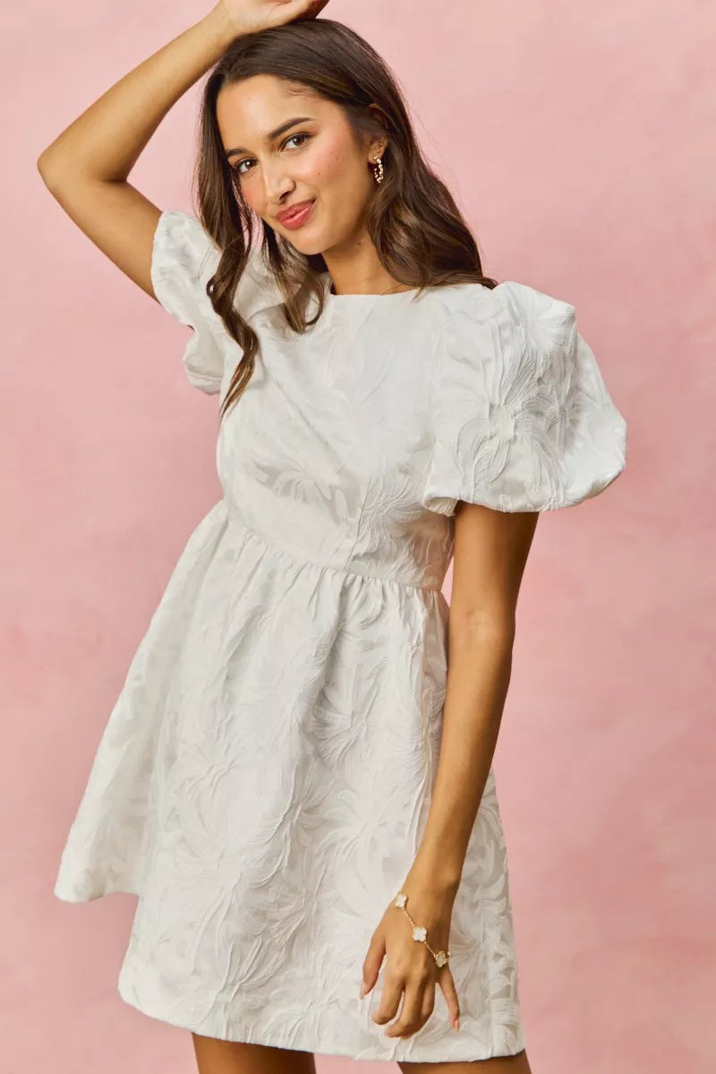 SO ME Floral Jacquard Bubble Shorts Sleeves Mini Dress
