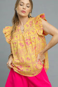 Umgee Printed Ruffle Cap Sleeve Blouse
