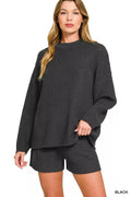 Zenana Round Neck Knit Top and Shorts Sweater Set