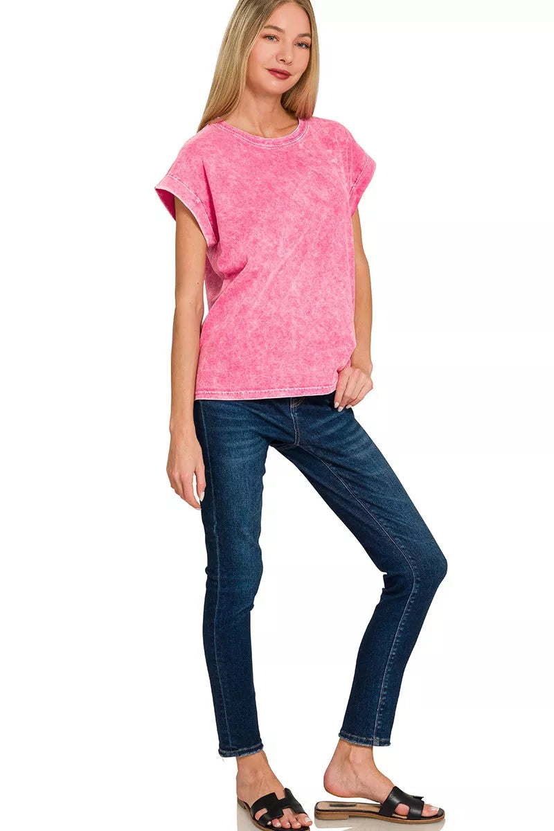 Zenana Halo Washed Cuffed Short Sleeve Tee